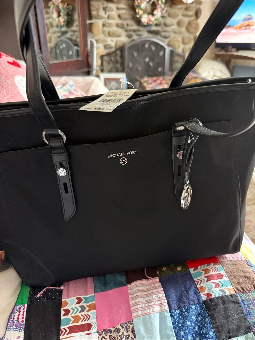 Michael Kors Black Nylon Tote with Logo Charm and Exterior Pocket
